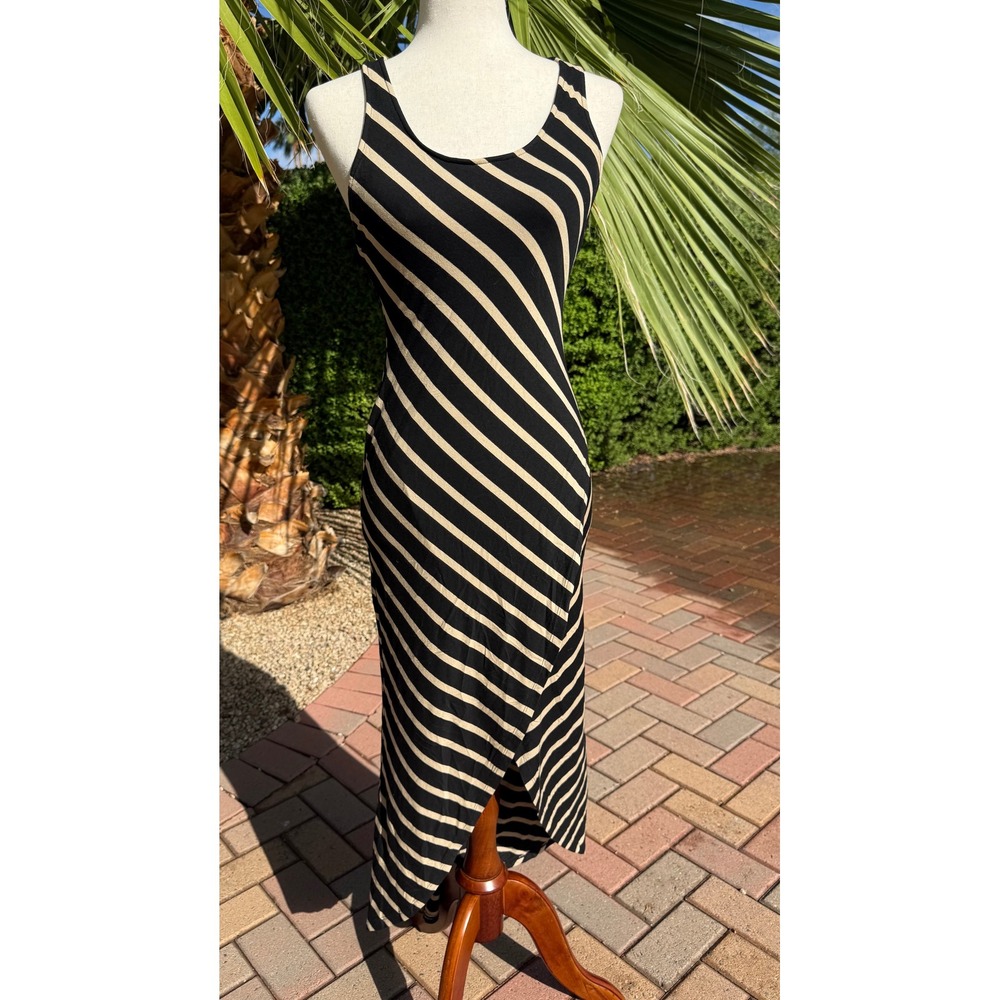 Bebe Striped Maxi Dress XS Black Tan Open Back Crisscross High Low Hem USA Made